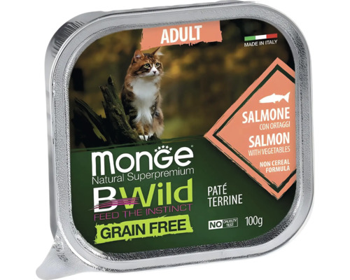 Hrană umedă Monge BWild fără cereale pentru pisici adulte, somon cu legume, tăviță de 100 grame, Fabricat în Italia.