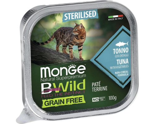 Monge BWild hrană umedă fără cereale pentru pisici sterilizate, pate cu ton și legume, tavă de 100 grame.