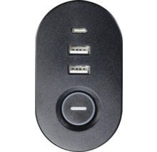 Stație de încărcare USB neagră cu un port USB-C, două porturi USB-A și un buton rotund de pornire și oprire.