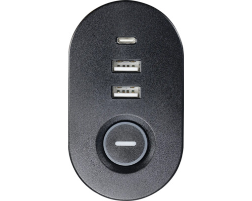 Stație de încărcare USB neagră cu un port USB-C, două porturi USB-A și un buton rotund de pornire și oprire.