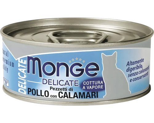 Monge Delicate hrană umedă pentru pisici cu pui și calamar la conservă.