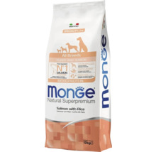 Hrană pentru câini Monge Puppy și Junior somon cu orez, pachet de 12 kilograme, hrană monoproteică pentru toate rasele.