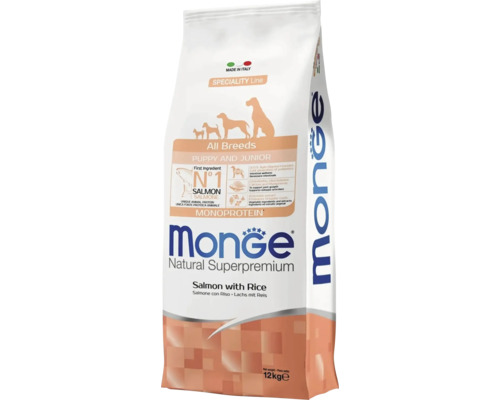 Hrană pentru câini Monge Puppy și Junior somon cu orez, pachet de 12 kilograme, hrană monoproteică pentru toate rasele.