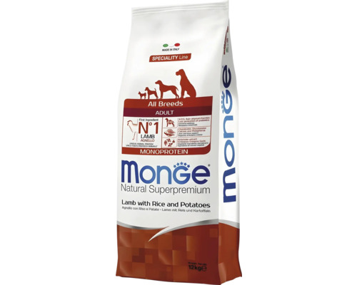 Hrană Monge Natural Superpremium miel orez și cartofi pentru câini adulți toate rasele 12 kilograme monoproteină fabricat în Italia