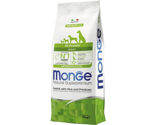 Hrană Monge Natural Superpremium pentru câini adulți toate rasele, iepure cu orez și cartofi, monoproteină, 12 kilograme.