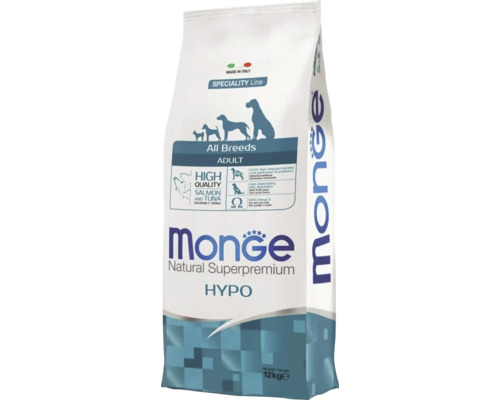 Hrană uscată Monge Natural Superpremium Hypo pentru câini adulți de toate rasele cu somon și ton, 12 kilograme, Made in Italy.