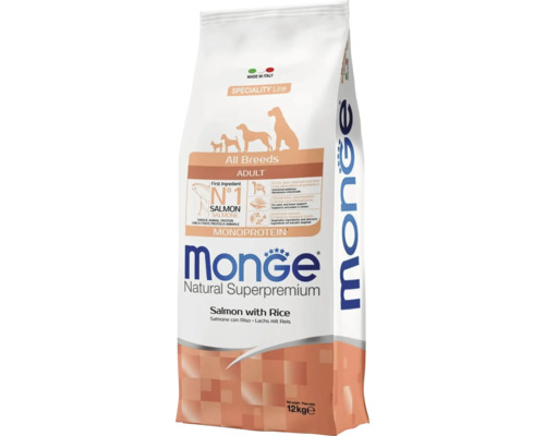 Hrană pentru câini adulți Monge Natural Superpremium de toate rasele, somon cu orez, monoproteine, 12 kilograme.