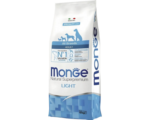 Hrană pentru câini adulți din toate rasele Monge Natural Superpremium Light cu somon, sac de 12 kilograme, fabricat în Italia.