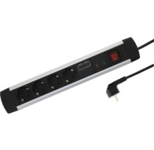 Prelungitor cu 4 prize, 2 porturi USB, comutator pornit-oprit și fișă cotită în negru și argintiu.