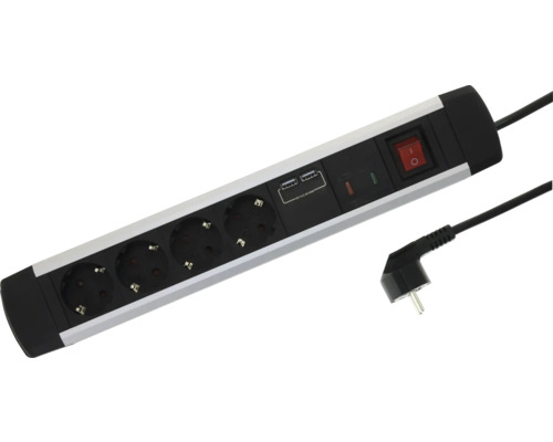 Prelungitor cu 4 prize, 2 porturi USB, comutator pornit-oprit și fișă cotită în negru și argintiu.