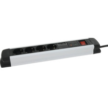 Prelungitor în alb și negru cu 4 prize, 2 porturi USB, protecție la supratensiune și întrerupător pornit-oprit.