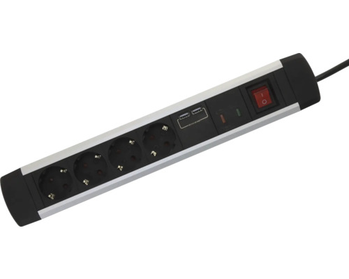 Prelungitor cu 4 prize, 2 porturi USB și întrerupător pornit-oprit iluminat.