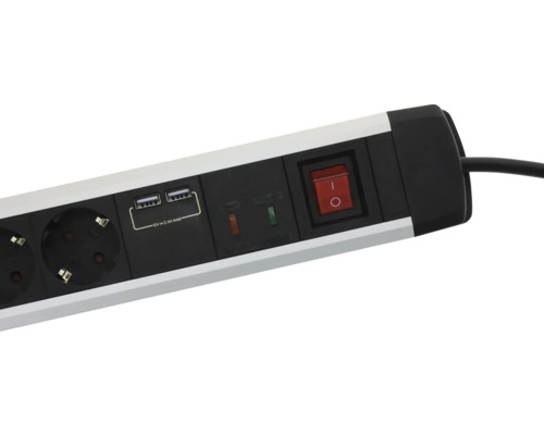 Prelungitor cu două porturi de încărcare USB, comutator basculant iluminat și indicatoare de funcționare.