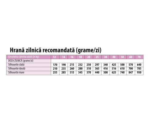 Tabel cu rația zilnică recomandată de hrană în grame pe zi pentru câini adulți, în funcție de greutatea corporală în kilograme și siluetă.