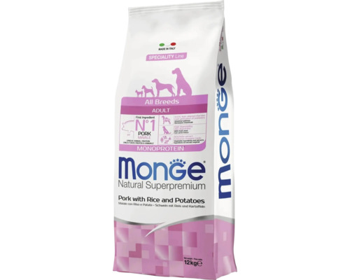 Monge Natural Superpremium hrană pentru câini adulți toate rasele monoproteină porc cu orez și cartofi 12 kilograme.