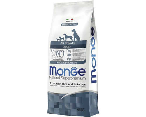 Hrană pentru câini Monge Natural Superpremium Speciality Line Toate rasele Adult Păstrăv cu orez și cartofi 12 kilograme