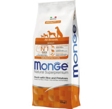 Hrană uscată pentru câini Monge Natural Superpremium pentru câini adulți din toate rasele, rață cu orez și cartofi, monoproteină, 12 kilograme.