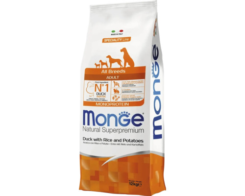 Hrană uscată pentru câini Monge Natural Superpremium pentru câini adulți din toate rasele, rață cu orez și cartofi, monoproteină, 12 kilograme.