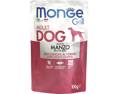 Monge Grill hrană umedă pentru câini adulți, vită, fără cereale, cu glucozamină și condroitină, pliculeț de 100 grame.