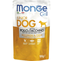Monge Grill Junior Dog hrană umedă cu pui și curcan, bucățele gătite la cuptor, fără cereale, 100 de grame