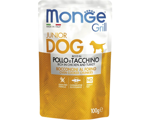 Monge Grill Junior Dog hrană umedă cu pui și curcan, bucățele gătite la cuptor, fără cereale, 100 de grame