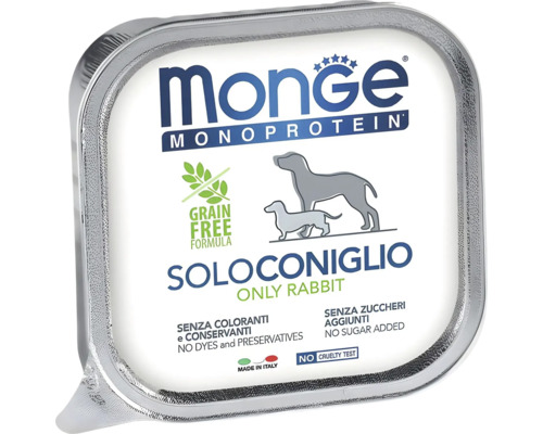 Hrană umedă pentru câini Monge Monoprotein cu iepure, fără cereale, în tăviță