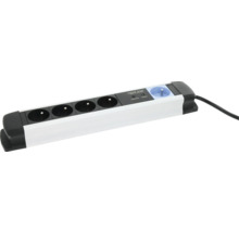 Prelungitor Master-Slave alb cu 5 prize negre și albastre și indicator luminos.