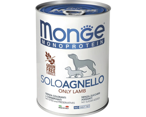Hrană pentru câini Monge Monoprotein Solo Agnello, fără cereale, doar miel, hrană umedă la conservă.
