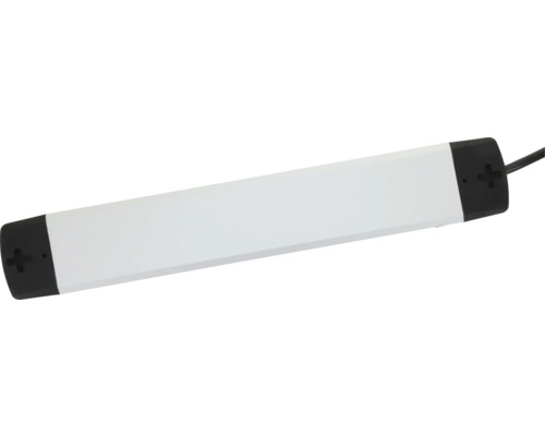 Lampă LED plată sub dulap pentru mobilier, albă, cu capete negre și cablu de conectare.