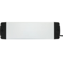 Transformator LED dreptunghiular cu carcasă albă, capete negre și cablu de conectare.