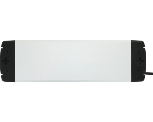Transformator LED dreptunghiular cu carcasă albă, capete negre și cablu de conectare.