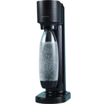 Aparat de făcut sifon SodaStream negru cu o sticlă transparentă umplută cu apă acidulată.