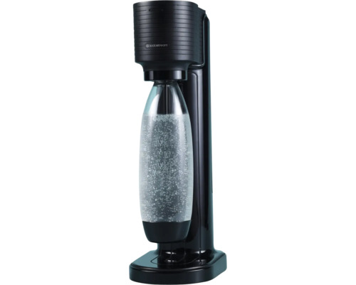 Aparat de făcut sifon SodaStream negru cu o sticlă transparentă umplută cu apă acidulată.