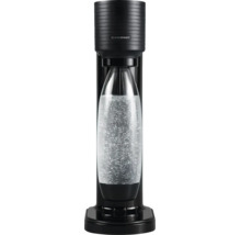 Aparat pentru prepararea apei carbogazoase SodaStream negru cu sticlă transparentă plină cu apă acidulată și SodaStream Logo.