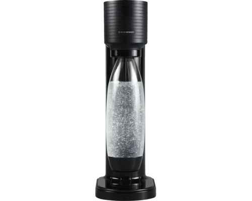 Aparat pentru prepararea apei carbogazoase SodaStream negru cu sticlă transparentă plină cu apă acidulată și SodaStream Logo.