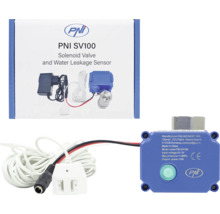 Set electrovalvă și senzor de scurgere a apei PNI SV100 cu adaptor de alimentare, cablu senzor și unitate de control.