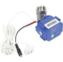 Robinet cu bilă motorizat electric cu carcasă albastră, supapă metalică și cabluri de conectare.