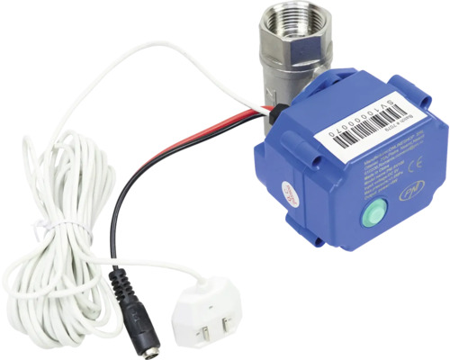 Kit anti inundație PNI SV100 senzor și electrovalvă 3/4'' Robinet cu bilă motorizat electric cu carcasă albastră, supapă metalică și cabluri de conectare.