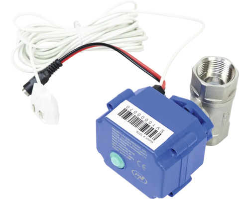 Robinet cu bilă motorizat cu servomotor albastru și corp din oțel inoxidabil inclusiv cablu de conectare.