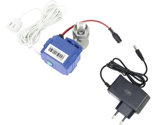 Robinet cu bilă din metal motorizat cu servomotor electric albastru, sursă de alimentare neagră și cablu de senzor alb.