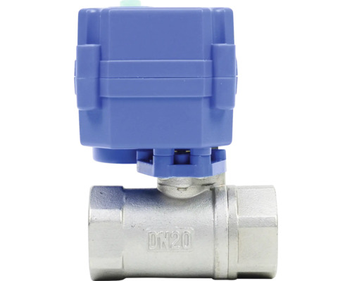 Robinet cu sferă motorizat cu diametru nominal 20 și carcasă din plastic albastru.