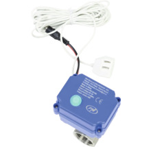 Robinet electric de apă PNI SV100 cu carcasă albastră, buton verde, racord metalic și cablu alb.