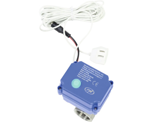 Robinet electric de apă PNI SV100 cu carcasă albastră, buton verde, racord metalic și cablu alb.