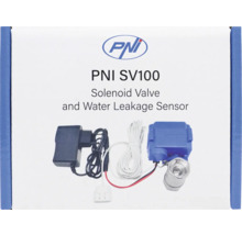 PNI Logo. Electrovalvă și senzor de scurgere a apei PNI SV100 cu adaptor de alimentare și cablu senzor.