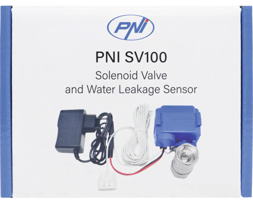 PNI Logo. Electrovalvă și senzor de scurgere a apei PNI SV100 cu adaptor de alimentare și cablu senzor.