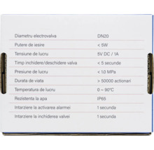 Lista specificațiilor tehnice pentru electrovalvă cu diametrul DN20, putere sub 5 Wați, protecție IP65 și 0 până la 90 grade Celsius.