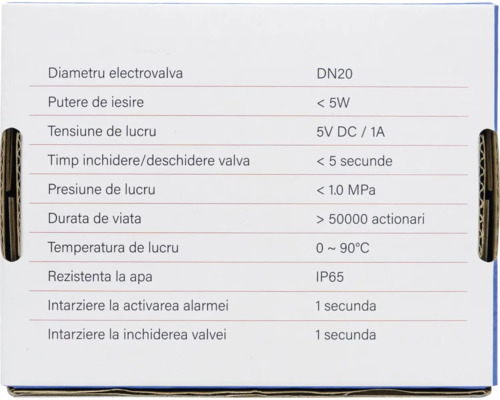 Lista specificațiilor tehnice pentru electrovalvă cu diametrul DN20, putere sub 5 Wați, protecție IP65 și 0 până la 90 grade Celsius.