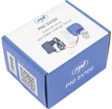 Ambalaj pentru electrovalvă și senzor de scurgere a apei PNI SV100 inclusiv adaptor de alimentare și unitate de senzor cu PNI Logo.