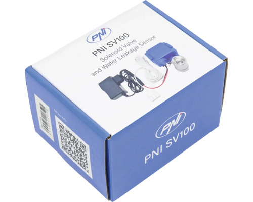 Ambalaj pentru electrovalvă și senzor de scurgere a apei PNI SV100 inclusiv adaptor de alimentare și unitate de senzor cu PNI Logo.