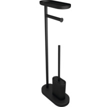 Set pentru toaletă de sine stătător în negru mat cu suport pentru hârtie igienică integrat, raft și perie de toaletă.